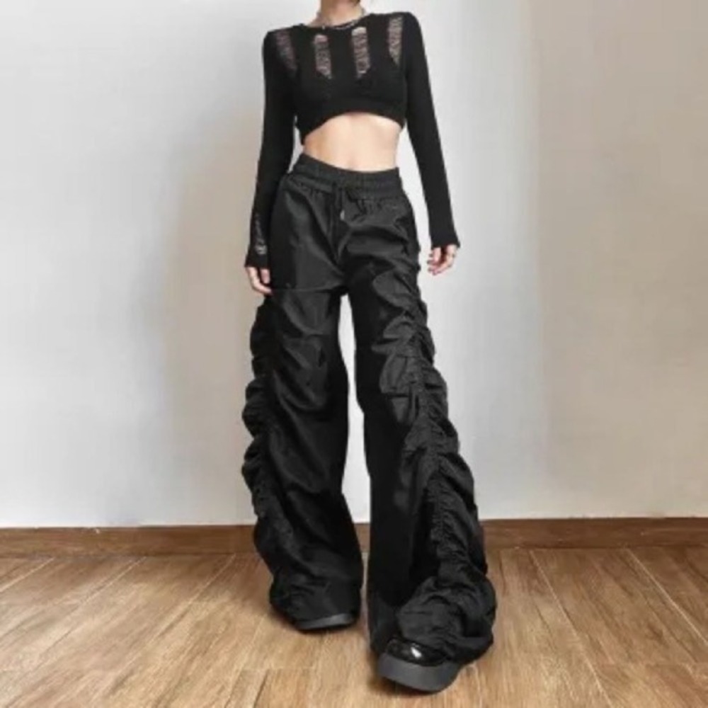 Y2k Kpopstyle Style Gathered‎ Drawstring Wide Leg Cargo Pants Size M